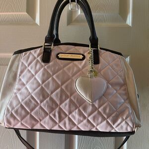 Betsey Johnson three tone quilted pink,beige and black large satchel bag